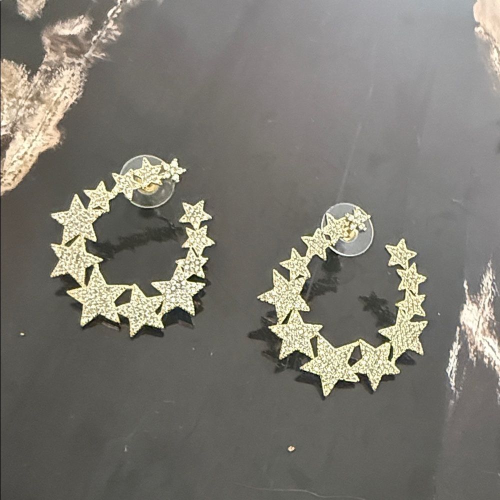 Gold Star Hoop Earrings Stud Post CZ Detailing Hoop Drop Earring Stud Post NEW